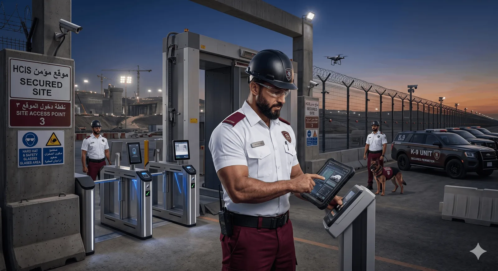 Security guard controlling access at a factory and warehouse complex