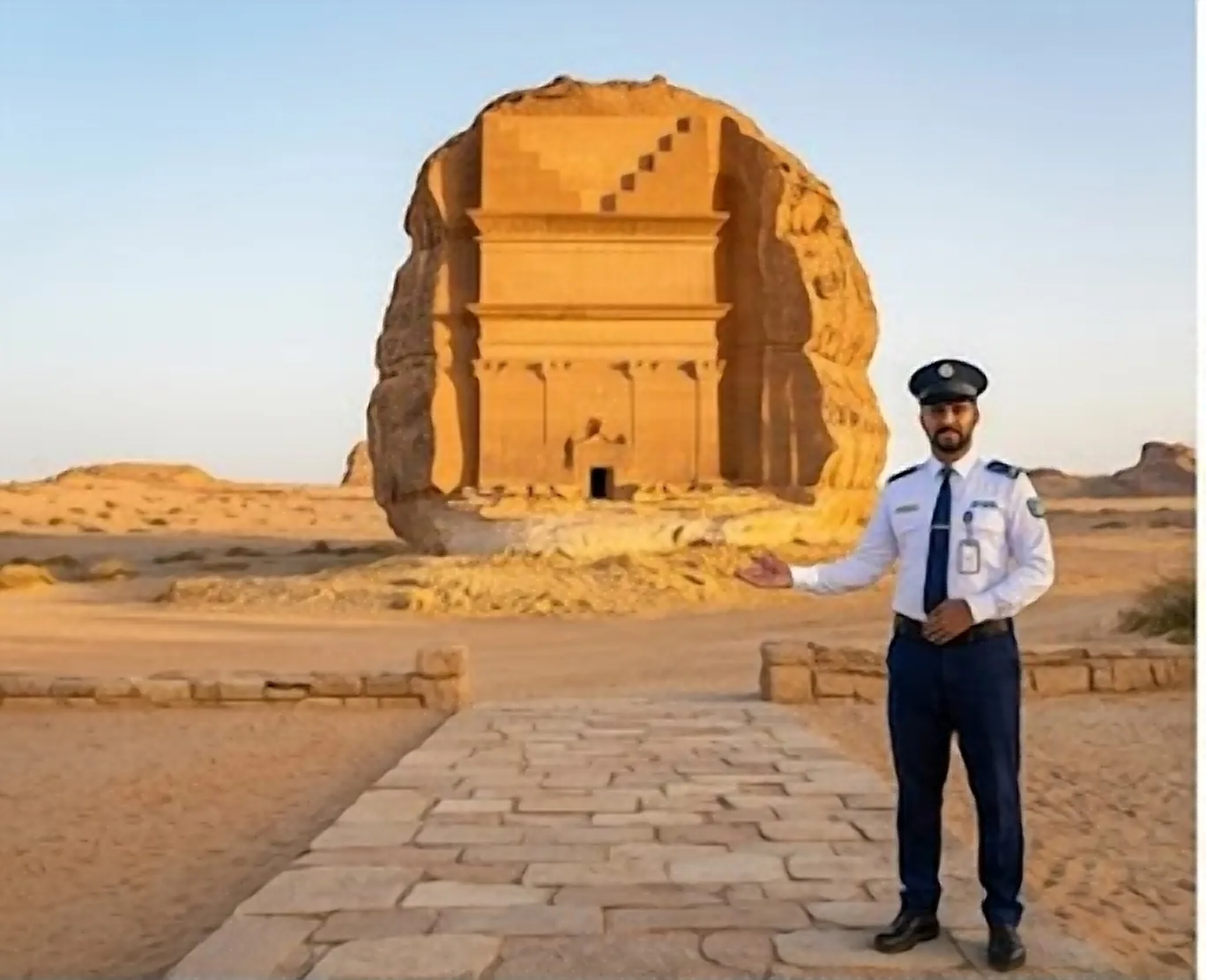 Uniformed guard welcoming visitors at a Nabataean archaeological site in AlUla