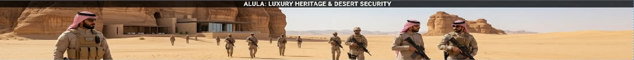 Desert security team patrolling near a luxury heritage resort in AlUla
