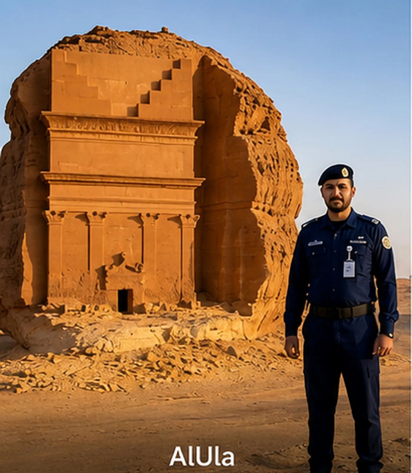 Security guard standing beside the rock-cut Hegra tomb in AlUla, Saudi Arabia