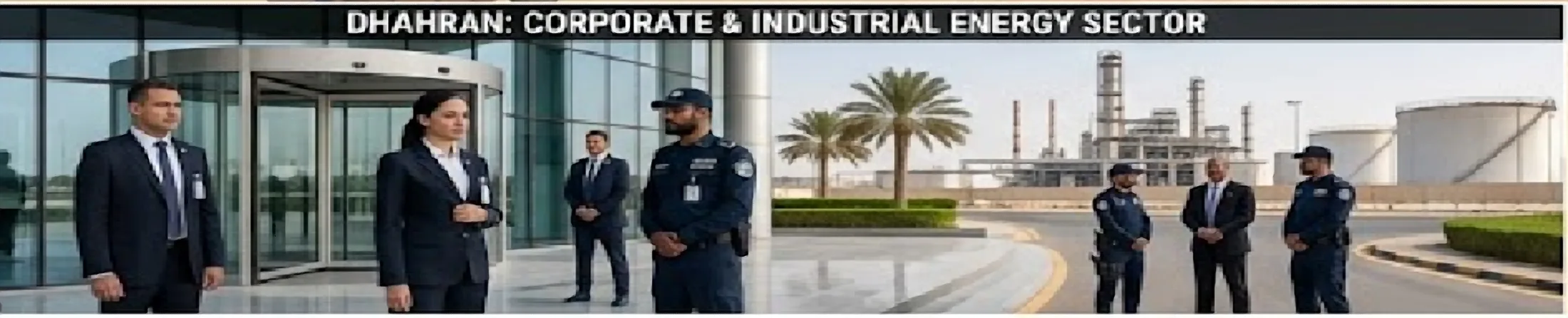 Security personnel at a corporate lobby and an industrial energy facility in Dhahran