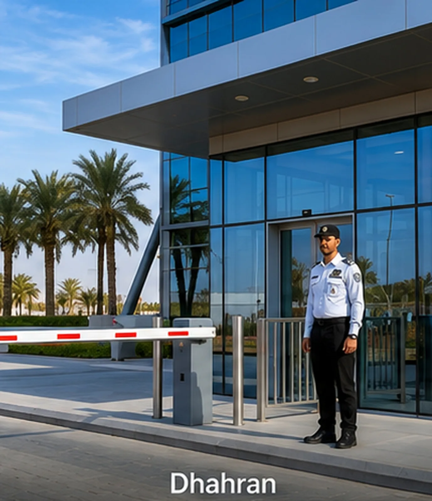 Security guard stationed at the entrance of a corporate office tower in Dhahran