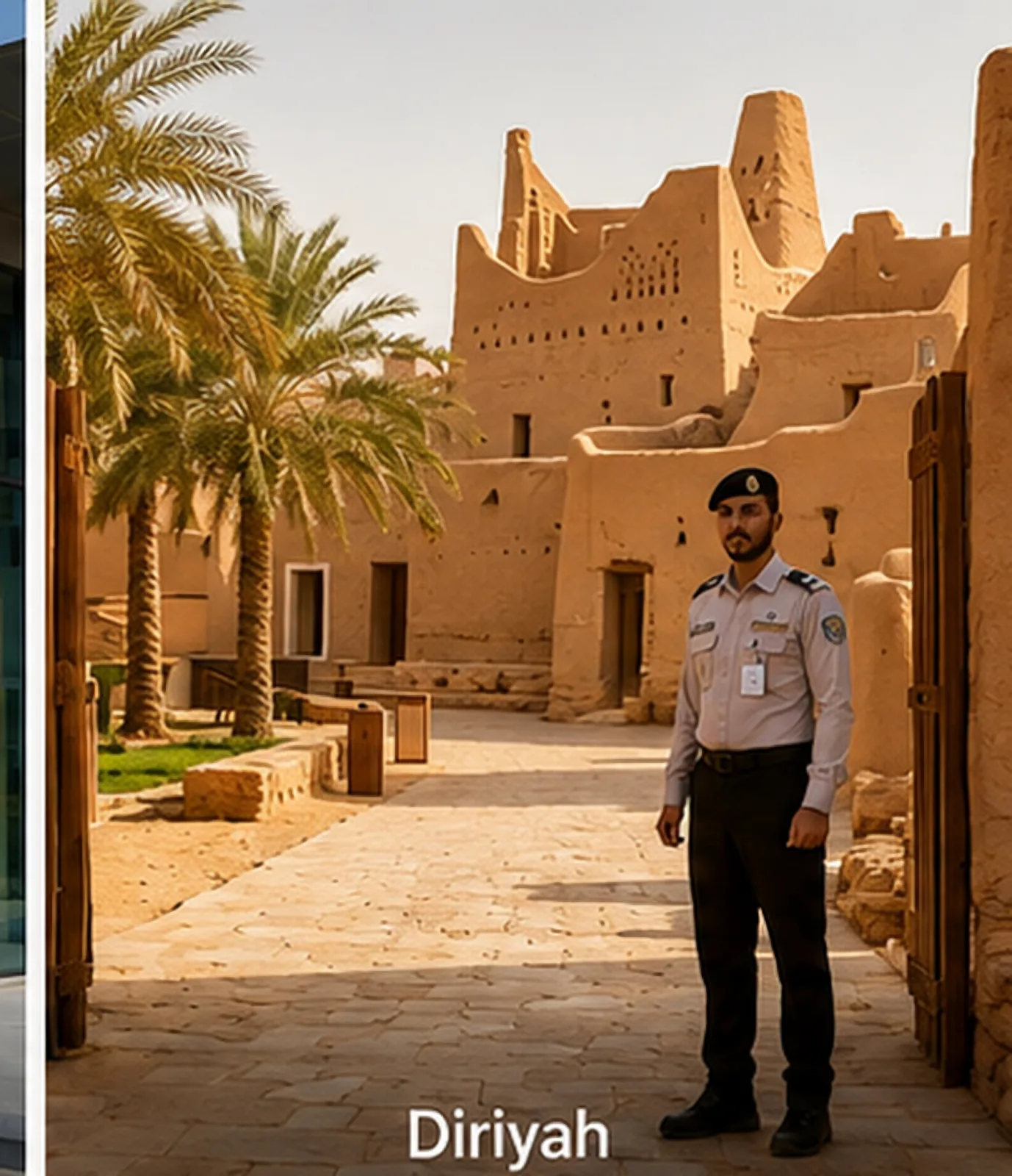 Security guard standing at the entrance of the historic At-Turaif mud-brick district in Diriyah