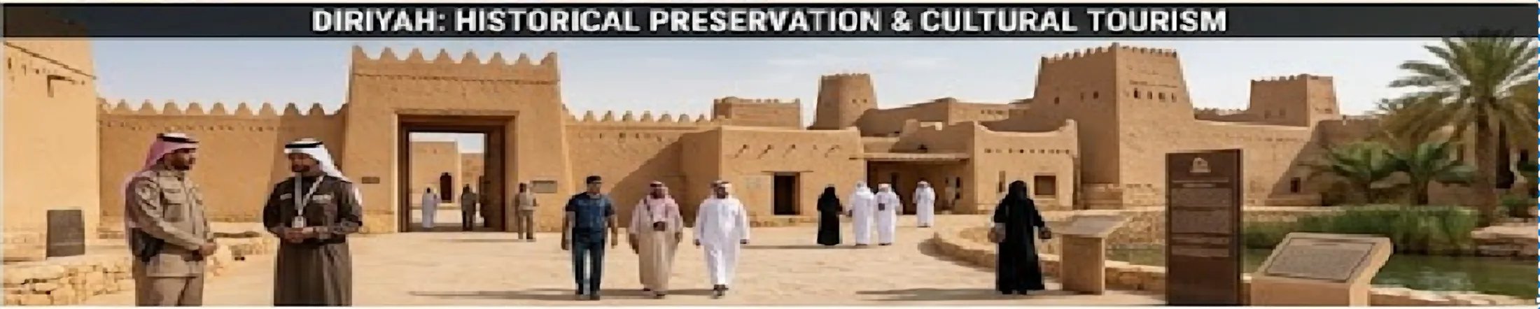 Security staff walking through the historic Diriyah district alongside visitors
