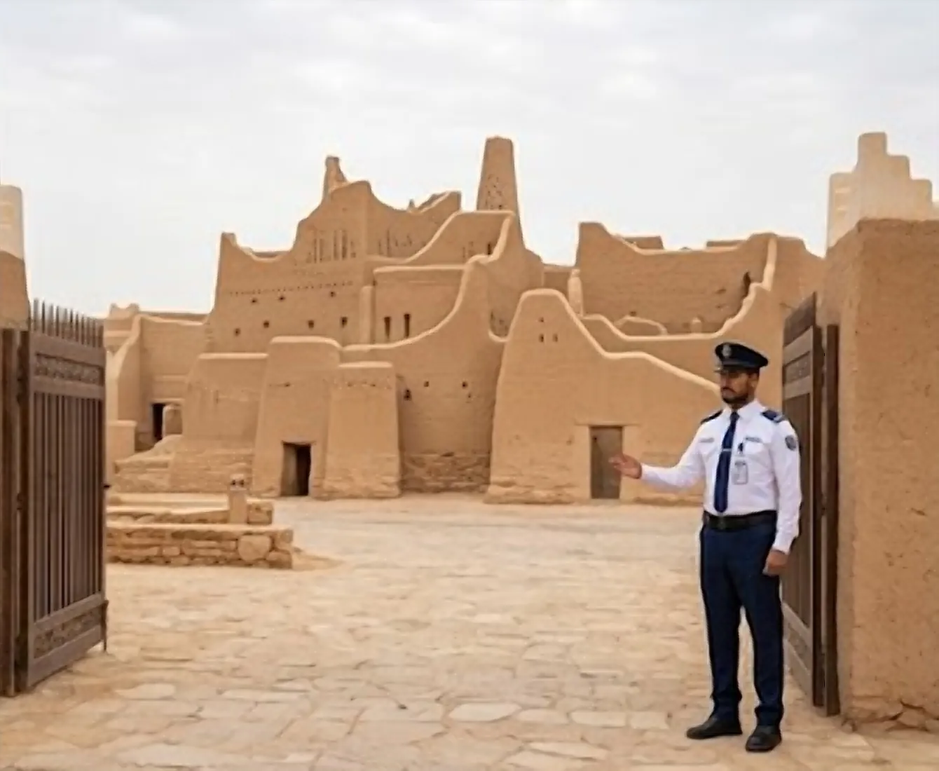 Guard positioned in a restored mud-brick courtyard in Diriyah