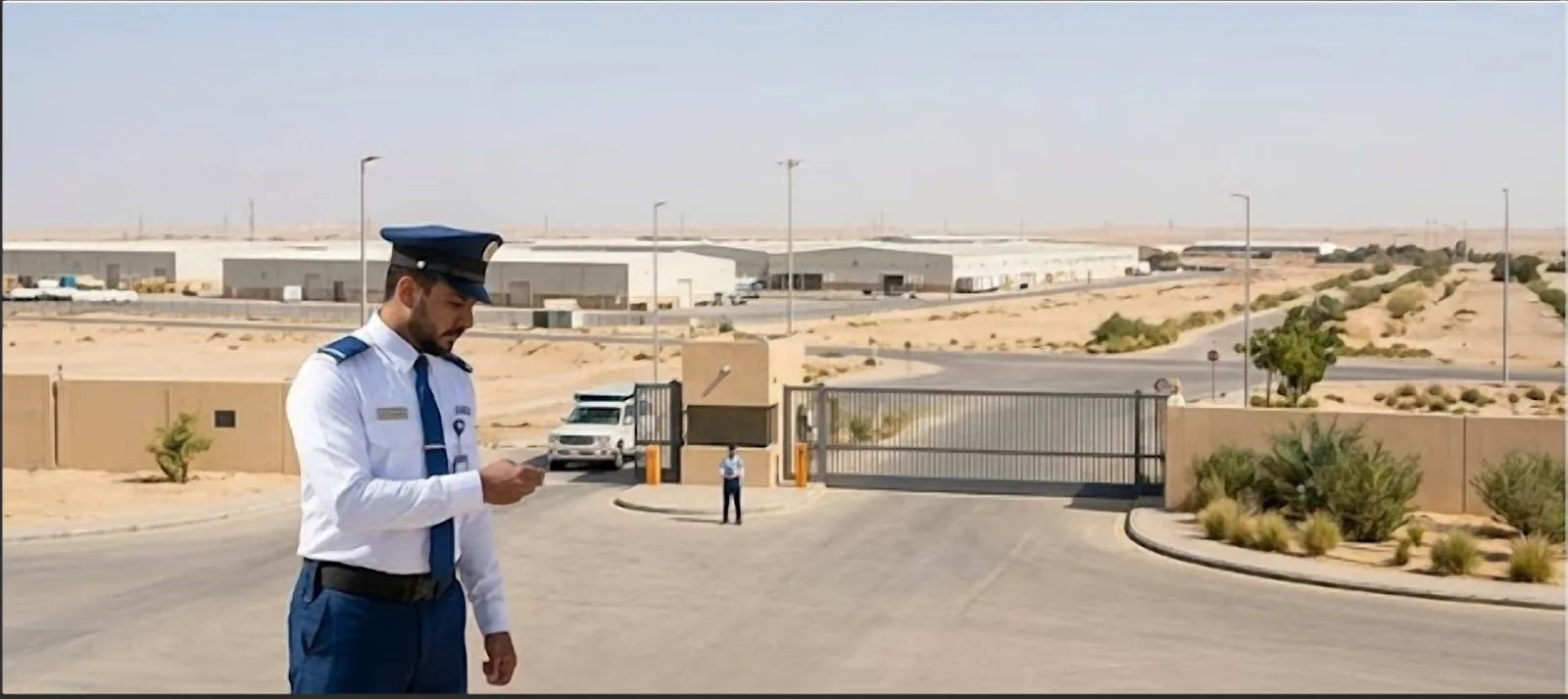 Guard checking documentation at a vehicle checkpoint near a warehouse complex