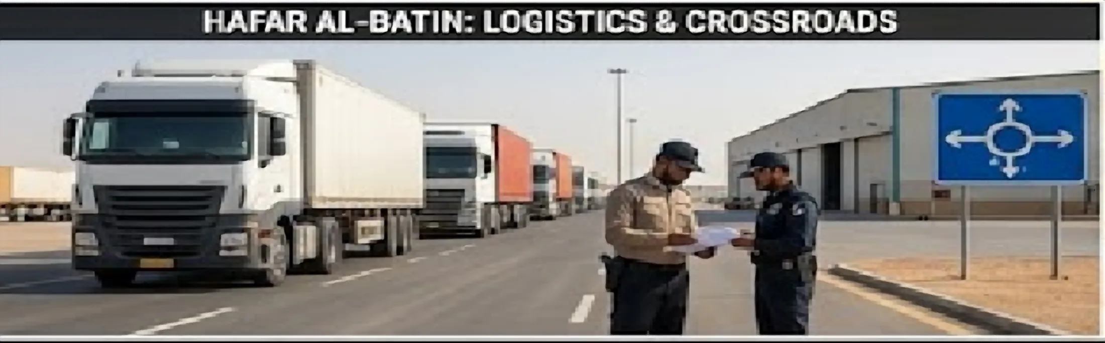 Security officers reviewing paperwork beside a line of trucks in Hafar Al-Batin