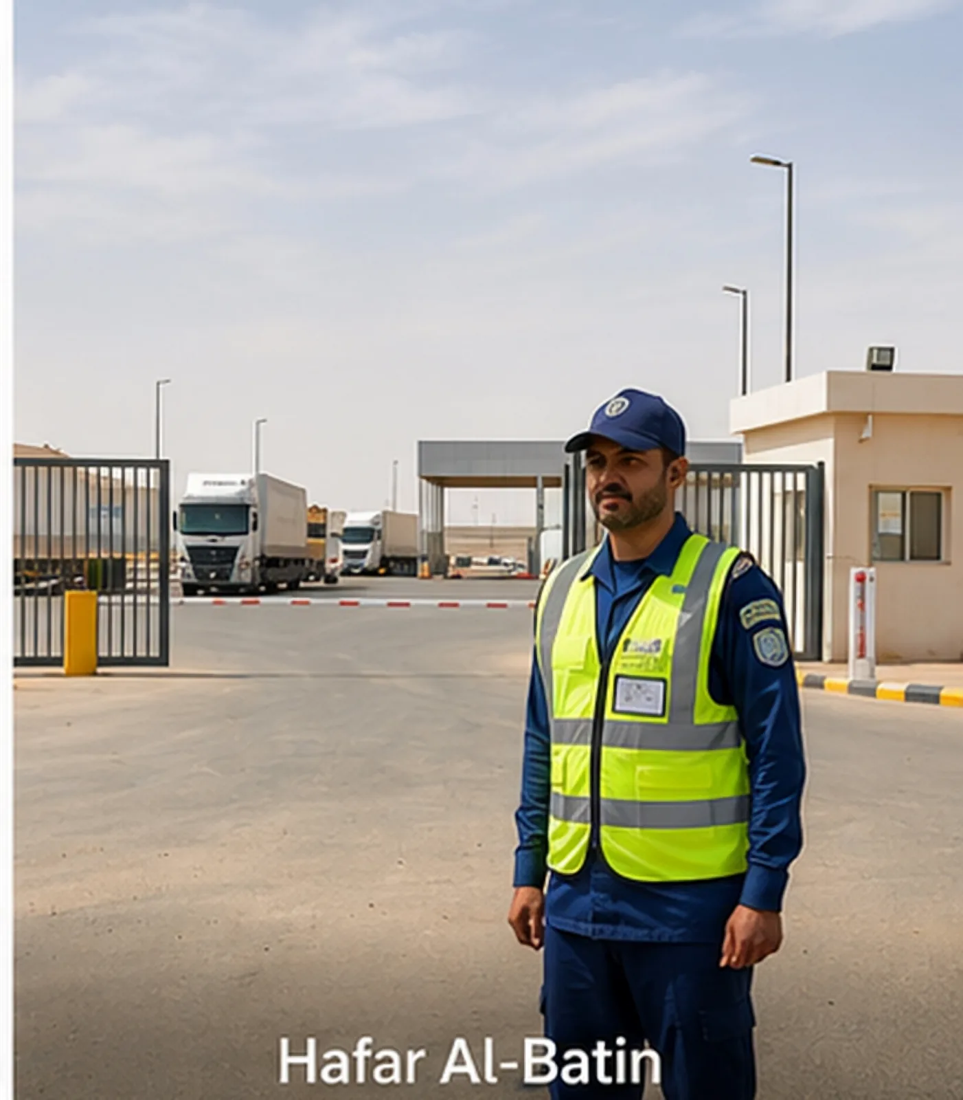 Security guard in high-visibility vest at a logistics yard gate in Hafar Al-Batin