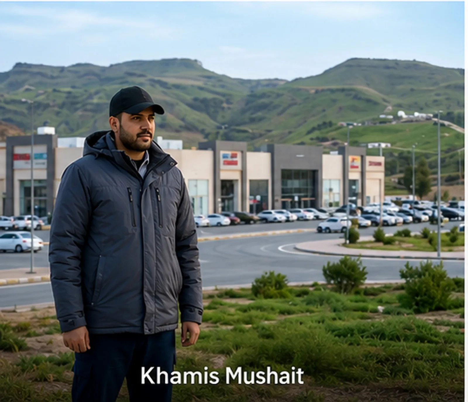 Security officer standing near a commercial retail park in Khamis Mushait with green mountains behind