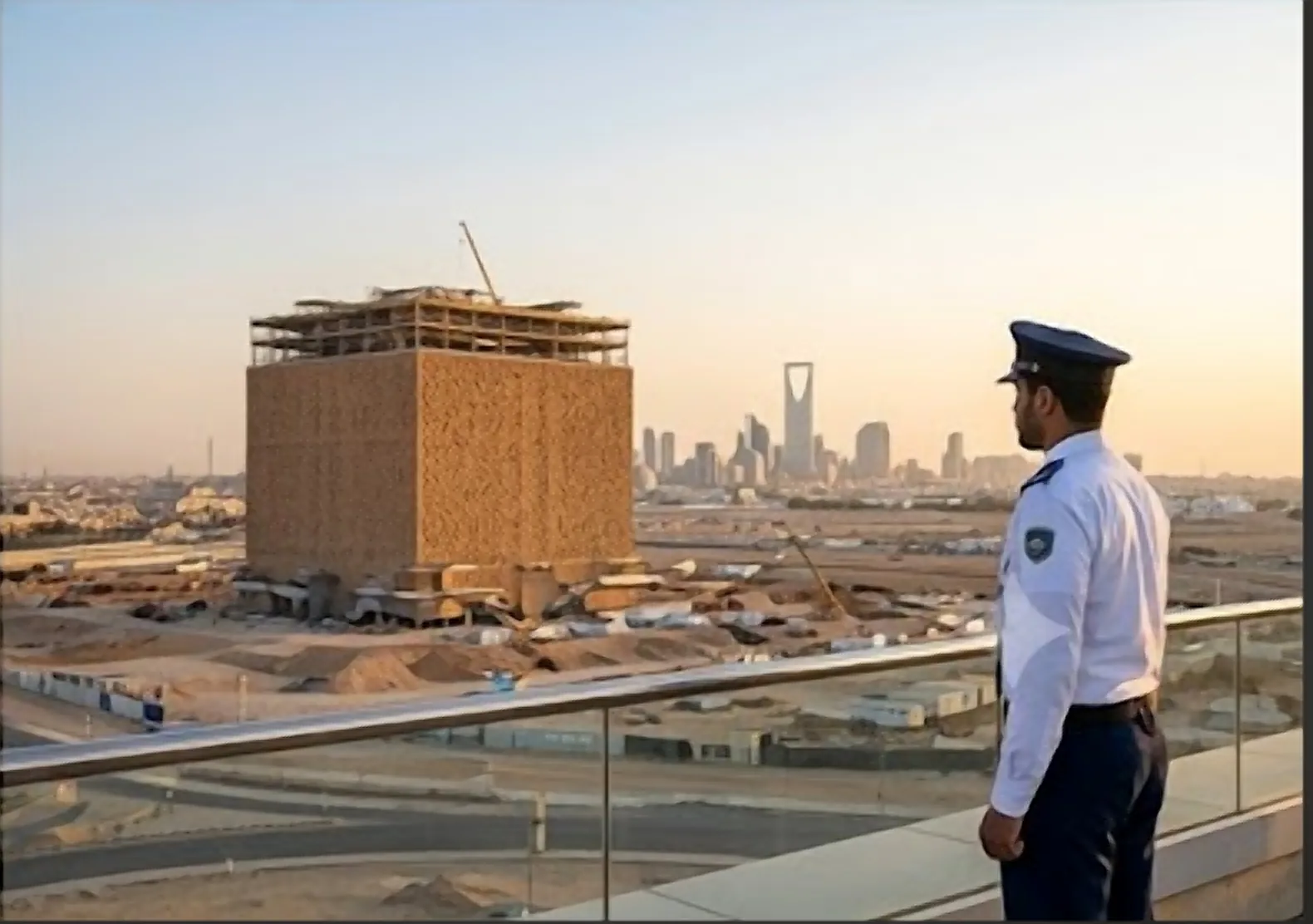 Guard observing the Mukaab cube structure under construction with the Riyadh skyline behind