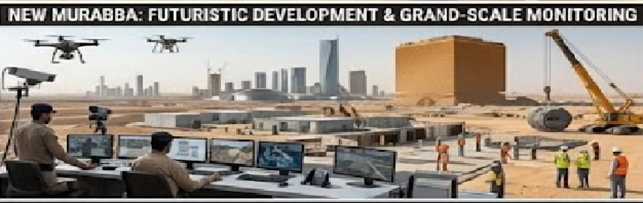 Security control room with multiple monitors overseeing the New Murabba construction site