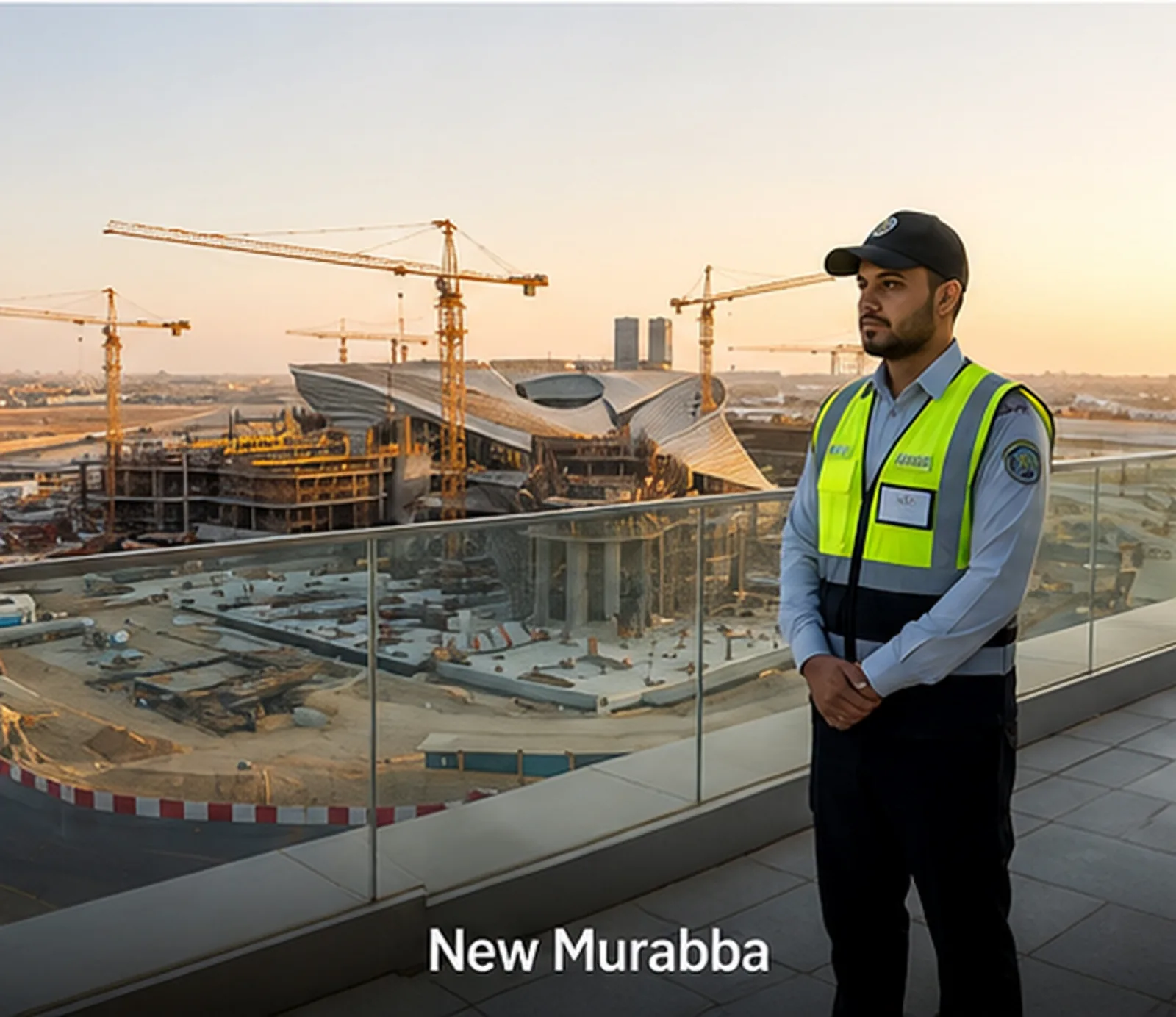 Security guard overlooking the New Murabba Mukaab construction site at sunset