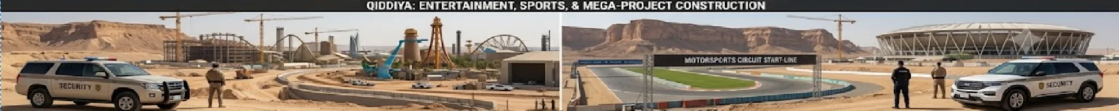 Security personnel and patrol vehicles at Qiddiya's motorsports circuit and entertainment construction site