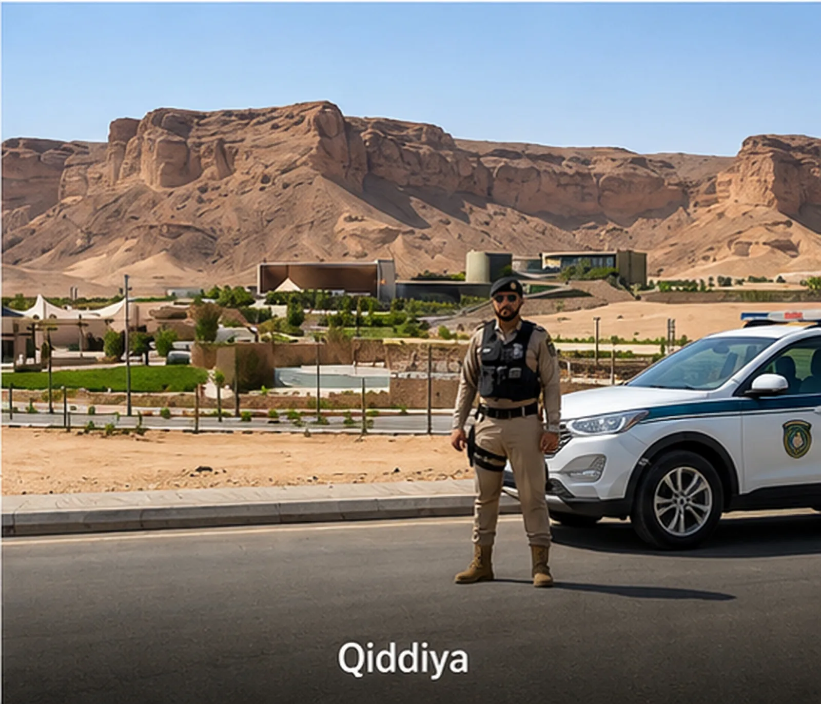 Security officer beside a patrol vehicle near Qiddiya's desert rock formations